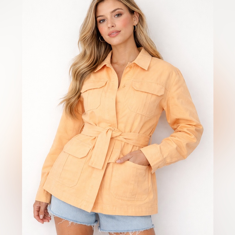 ASOS NWT Womens 4 Tall Sherbert Orange Denim Utility Jacket Belted Snaps Pockets